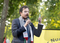 Saleem Nusseibeh speaks at a Pro Palestinian rally at the Israeli Embassy, Kensington, London, Great Britain 
22nd August 2025 

Saleem Nusseibeh from the Muslim Association of Britain who is a student activist & President of UCL Students for Justice i