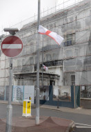 England flags put up in front of the Royal Beach Hotel