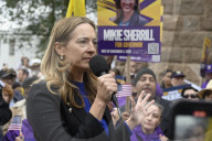 Candidate For New Jersey Governor Mikie Sherrill Speaks At A Kick Off Event And Campaign Rally For Her "Driving Down Costs" Bus Tour Outside Of Bloomfield College
