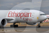 An Ethiopian Cargo Boeing 777-F on the runway at Madrid Airport