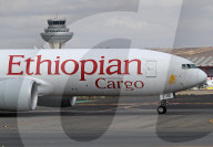 An Ethiopian Cargo Boeing 777-F on the runway at Madrid Airport