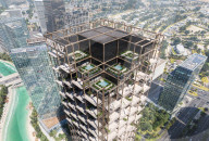 Exoskeleton building with terraced pools