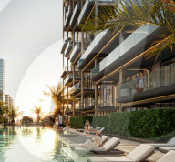 Exoskeleton building with terraced pools