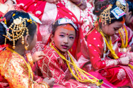Newa Community Girls Take Part In The Traditional Bel Bibaha Ceremony In Lalitpur, Nepal