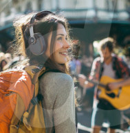 Headphones with pull down video screen