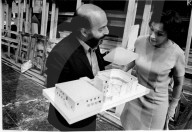 Frank Dunlop and Jean Bullwinkle of the Arts Council with a model of the Young Vic