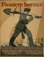 1918, poster, soldier, carrying, shovel, pickax, rifle, berlin, history, historical, historic, propaganda, german empi