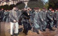belgian, prisoner, transport  group, uniformed, soldiers, army, military, marching, village, militia man, gun, officer, world war i, war, world war, europe, 1914-1918, postcard, colored,