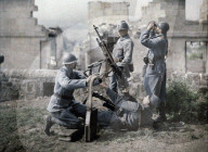 war, europe, world war i, 1917, europe, world war, color photo, autochrome, f. cuville, western front, department aisne, france, ruins, mg, weapon, arms, air defense, machine gun
