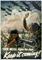 world war ii, second world war, world war, war, poster, propagana, propaganda poster, usa, american, soldiers, maschinengewehr, fight, battle, 1943, airplanes, metal, scrap metal, recycling, japanese, collect,