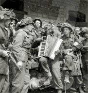 ww ii, historical, war, world war, second world war, group, canadian, soldier, highland light infantry, accordion, play, june, 1944, motorcycle, motorbike, normandy, france, europe, allies, allied forces, d-day